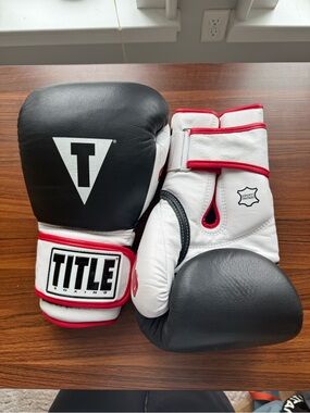 Title Boxing Gloves - Black & White with Red Trim
